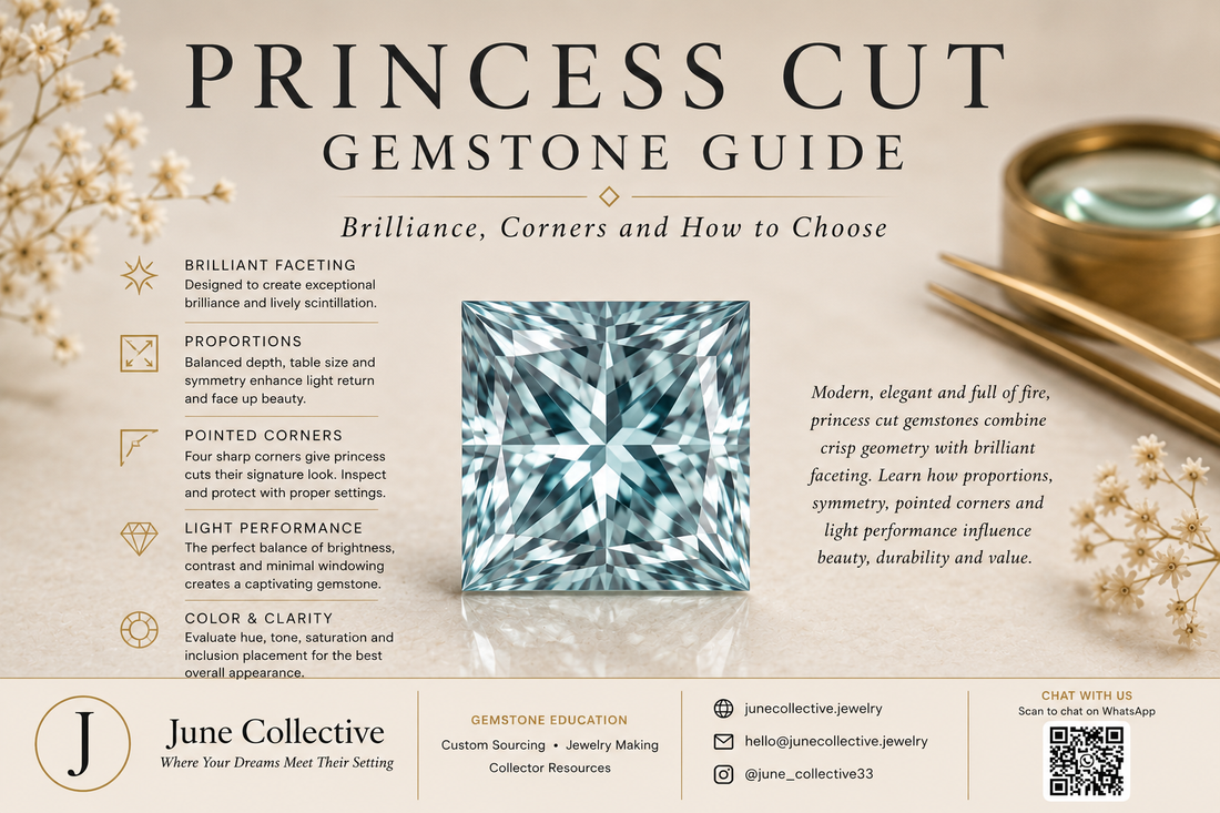 Princess cut gemstone guide by June Collective featuring a faceted square gemstone and educational guidance on brilliance, proportions, symmetry, pointed corners and gemstone quality.