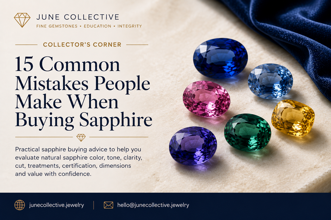 June Collective sapphire buying guide featuring blue, pink, yellow, green and purple sapphires with tips on 15 common sapphire buying mistakes.