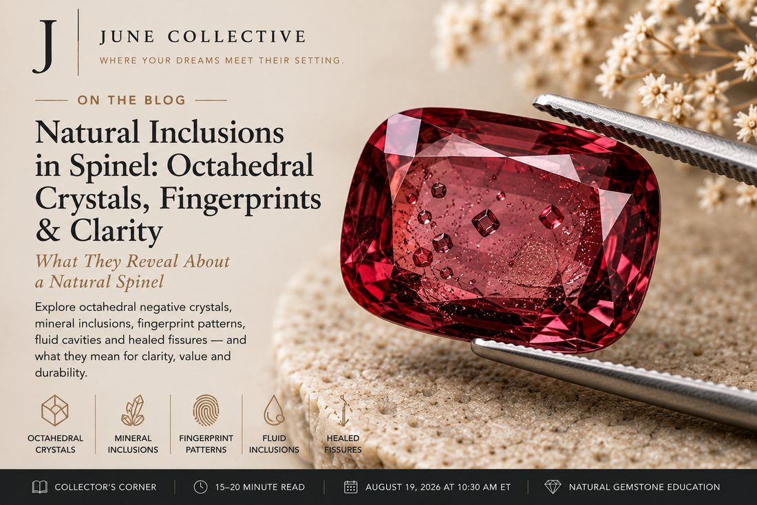 Natural red spinel with realistic octahedral crystal inclusions and healed fissures for the June Collective natural spinel inclusion guide