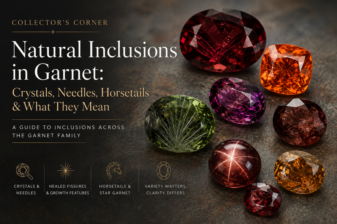 Natural garnet gemstones showing realistic crystal inclusions, needles, healed fissures and demantoid horsetail inclusions for the June Collective garnet inclusion guide