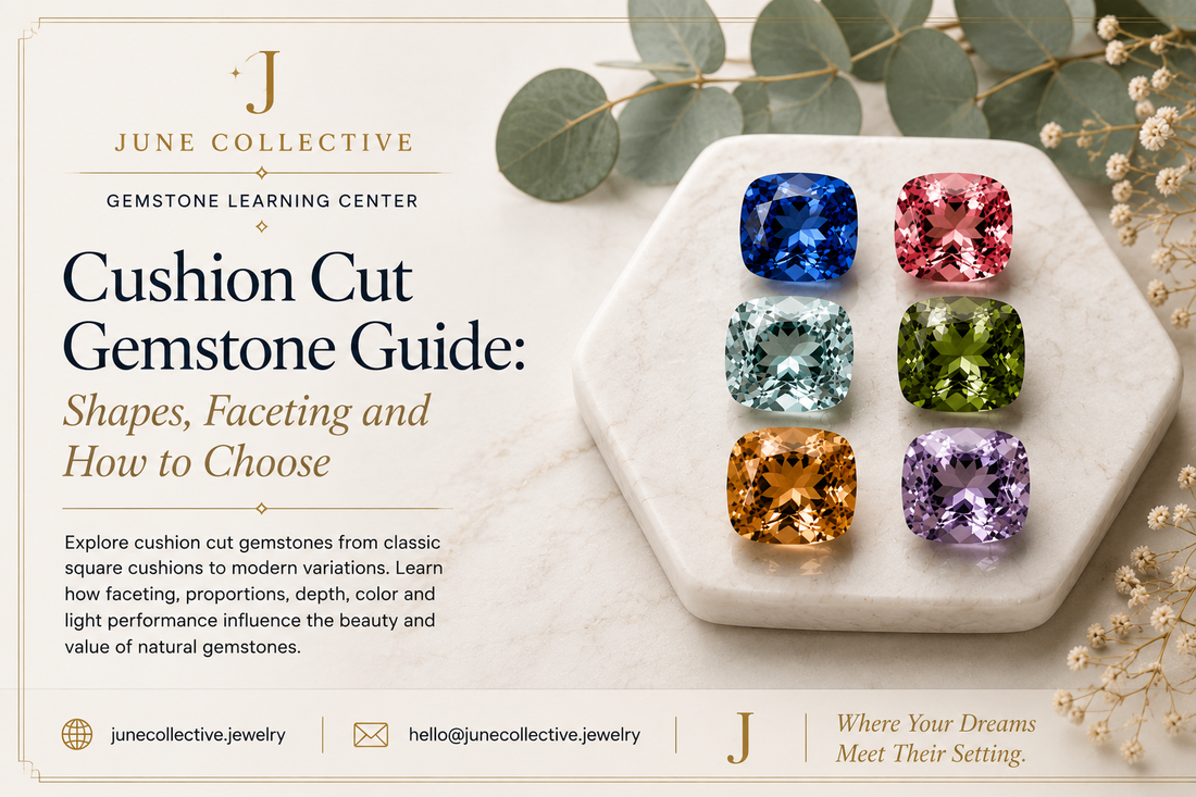 Cushion cut natural gemstones in blue, pink, aquamarine, green, golden and lavender tones illustrating square cushion shapes, faceting, proportions and light performance in the June Collective Cushion Cut Gemstone Guide.