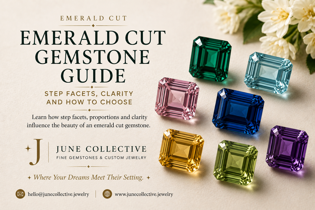 Emerald cut natural gemstones in green, blue, pink, aquamarine, golden and purple tones illustrating step facets, clarity, proportions and the hall of mirrors effect for the June Collective Emerald Cut Gemstone Guide.