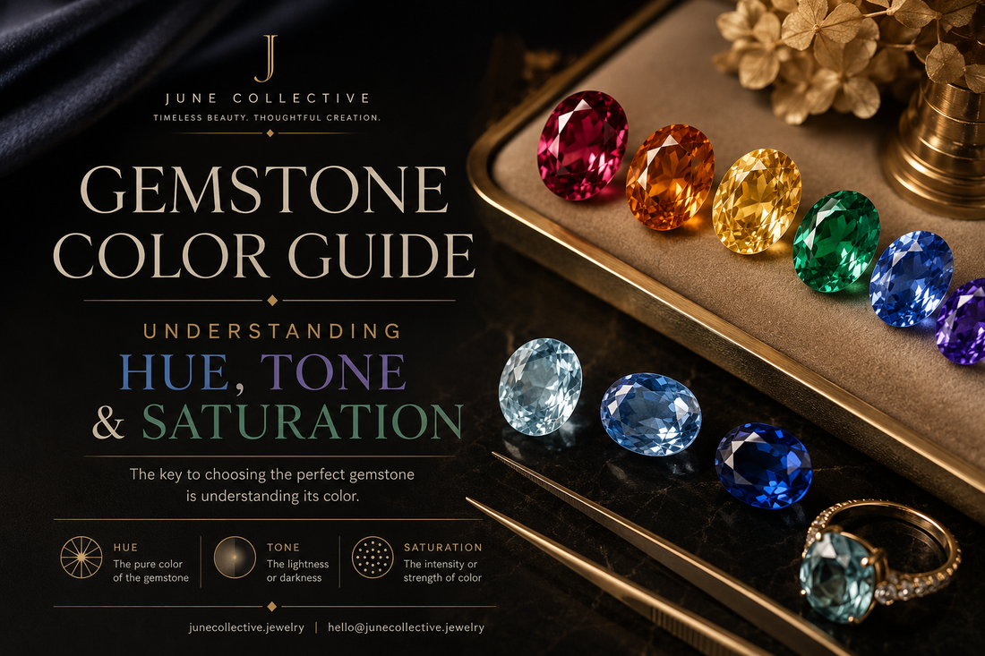 Luxury Gemstone Color Guide by June Collective explaining hue, tone and saturation with colorful faceted gemstones arranged from red and orange to yellow, green, blue and purple.