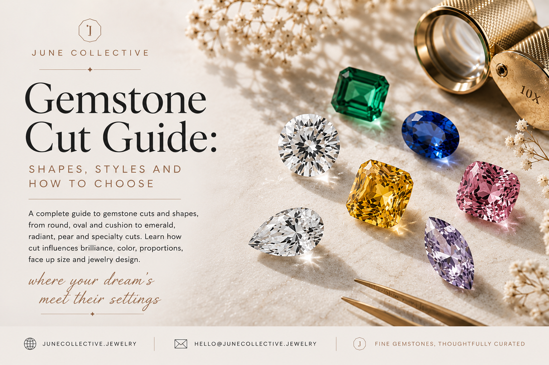 June Collective gemstone cut guide featuring round, oval, cushion, emerald, radiant, pear and specialty gemstone shapes with faceted natural gemstones displayed in a luxury editorial setting.
