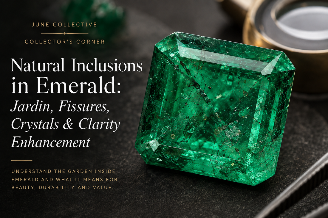 Natural vivid green emerald with realistic jardin, fluid inclusions, mineral crystals and healed fissures for the June Collective emerald inclusion guide