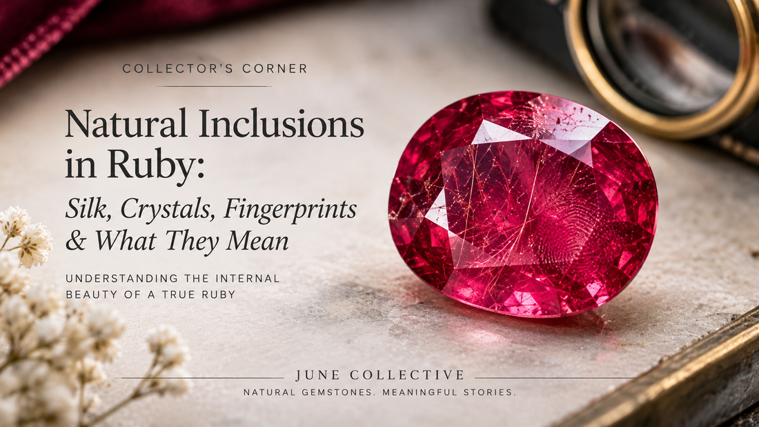Natural vivid red ruby with realistic rutile silk, crystal inclusions, fingerprint like healed fissures and color zoning for the June Collective ruby inclusion guide