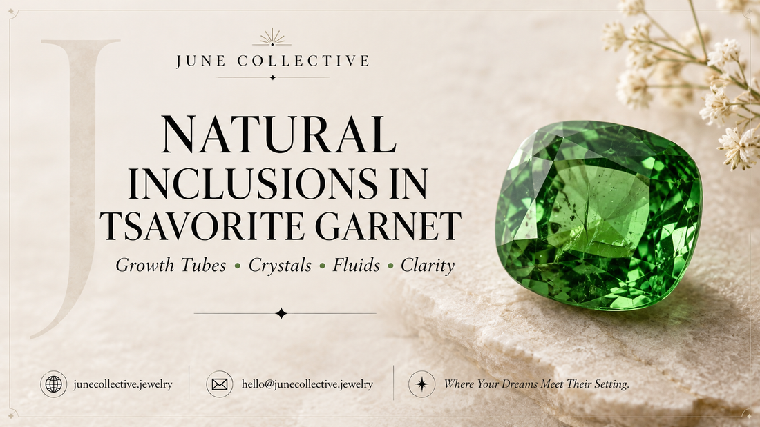 Natural vivid green tsavorite garnet with realistic growth tubes, crystal inclusions, pinpoints and healed fissures for the June Collective tsavorite inclusion guide