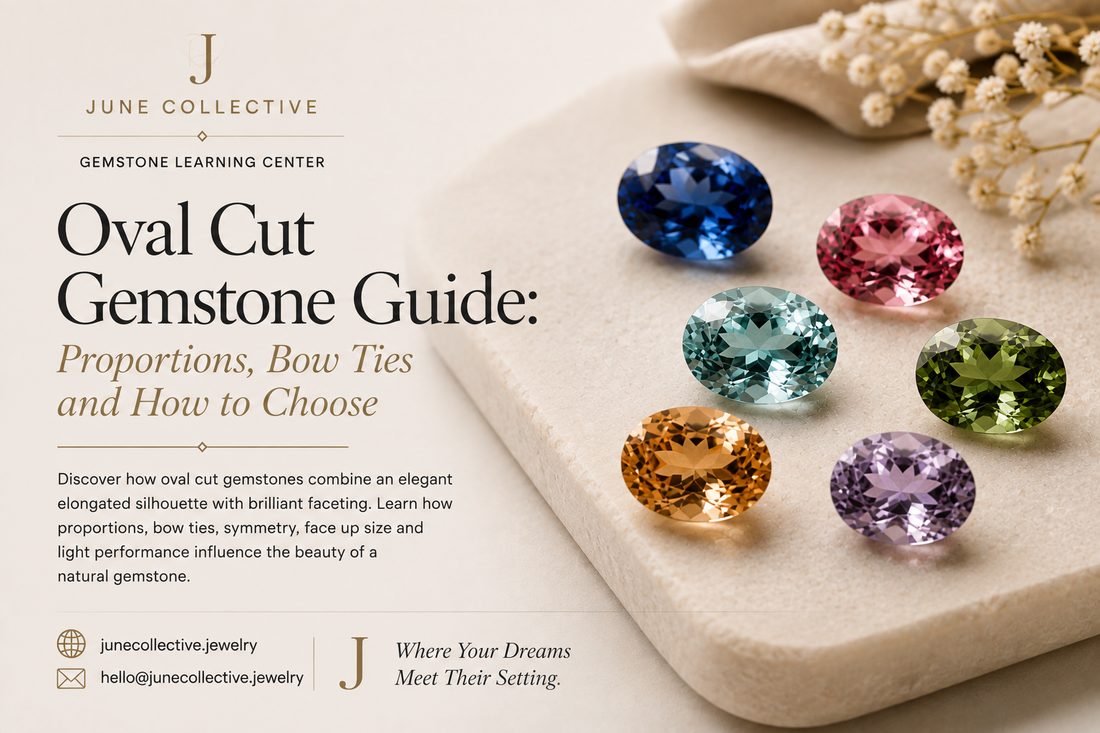 Oval cut natural gemstones in blue, pink, aquamarine, green, golden and lavender tones featured in the June Collective guide to oval gemstone proportions, bow ties, symmetry and light performance.