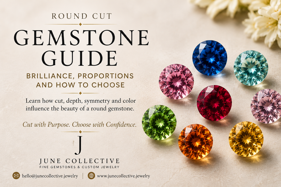 Round cut natural gemstones displaying brilliant faceting, balanced circular proportions and colorful light performance for the June Collective Round Cut Gemstone Guide.