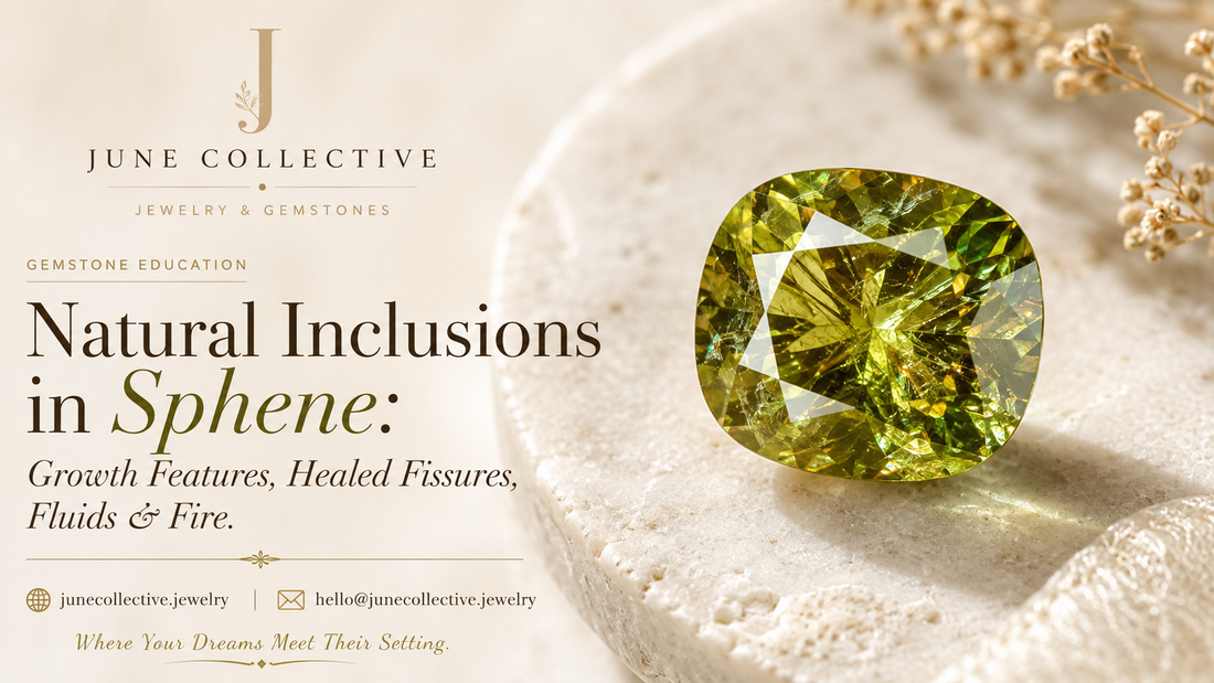 Natural yellow green sphene gemstone with realistic healed fissures, fluid inclusions and reflective particles for the June Collective sphene inclusion guide