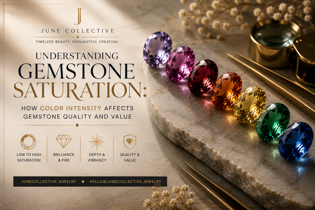 Natural colored gemstones demonstrating weak, moderate, strong and vivid color saturation and how saturation affects gemstone quality and value.