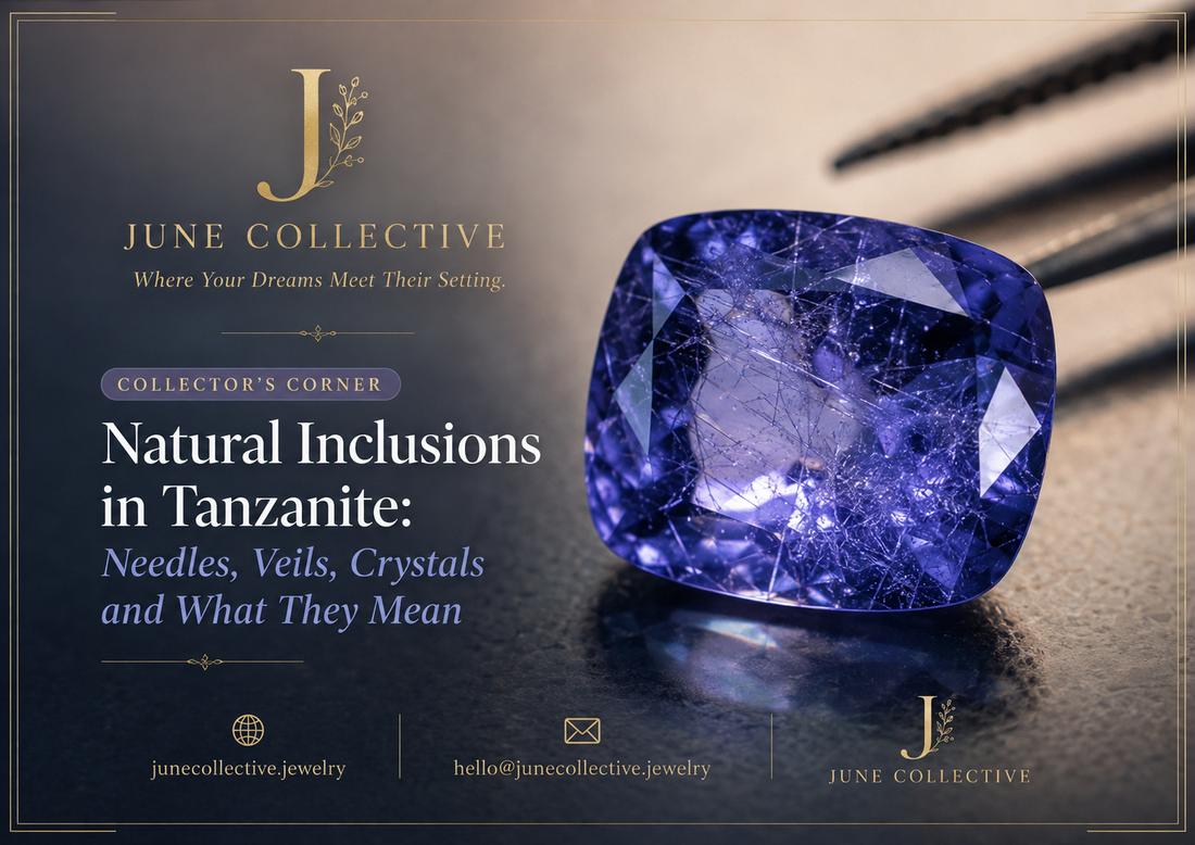 Natural blue violet tanzanite with realistic crystal inclusions, subtle fissures, cleavage features and fluid inclusions for the June Collective tanzanite inclusion guide