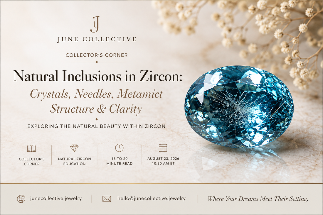 Natural blue zircon with realistic microscopic inclusions, strong facet doubling and subtle internal crystal features for the June Collective natural zircon inclusion guide