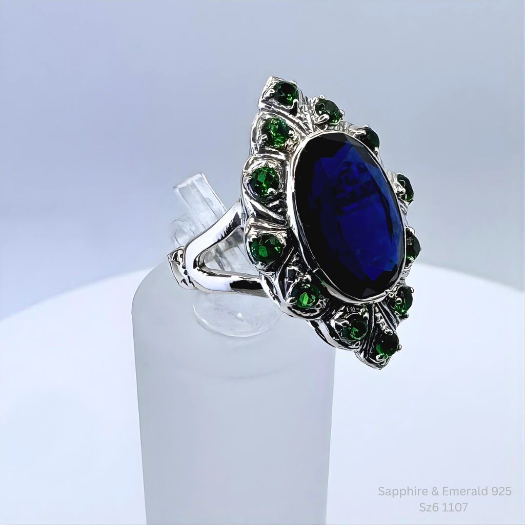 Handmade Sapphire Emerald Halo Ring 925 Sterling Silver Size 6 Jewelry Making Su