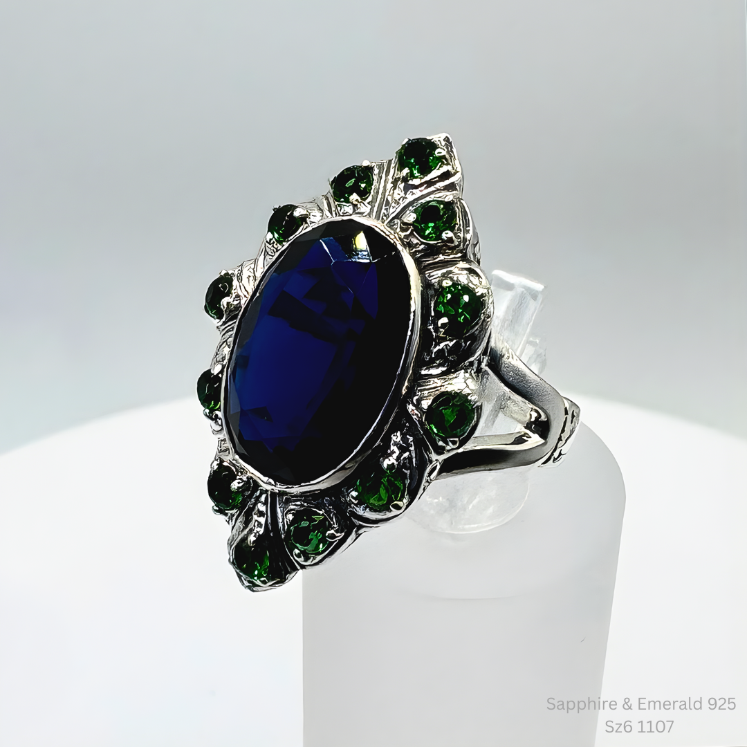 Handmade Sapphire Emerald Halo Ring 925 Sterling Silver Size 6 Jewelry Making Su