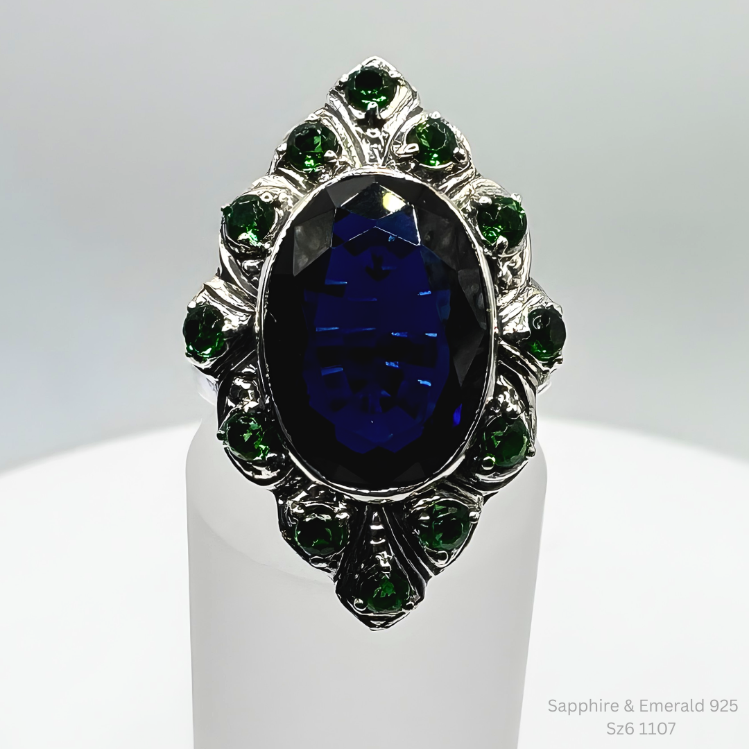 Handmade Sapphire Emerald Halo Ring 925 Sterling Silver Size 6 Jewelry Making Su