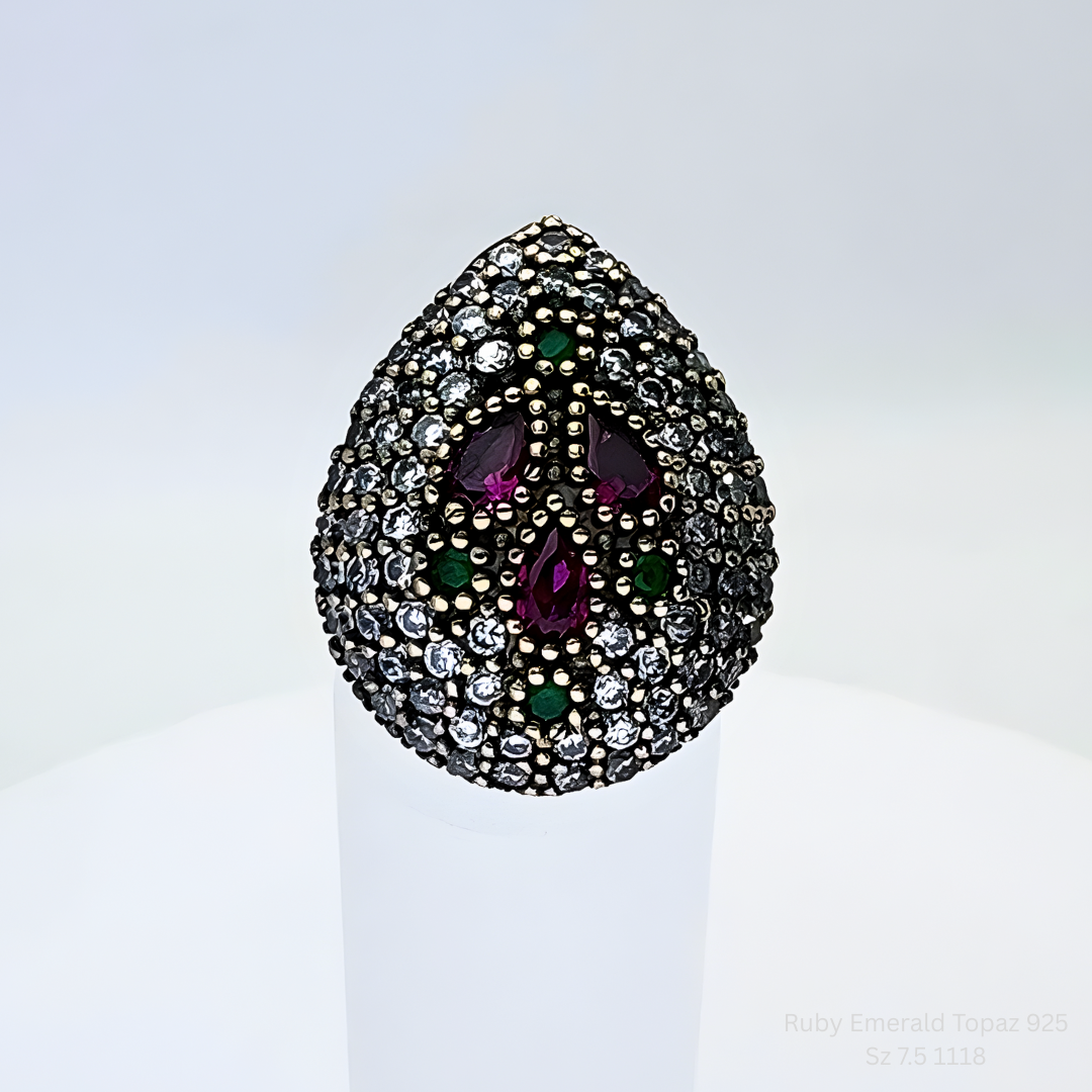 Handmade Ruby, Emerald & White Topaz Statement Ring in 925 Sterling Silver
