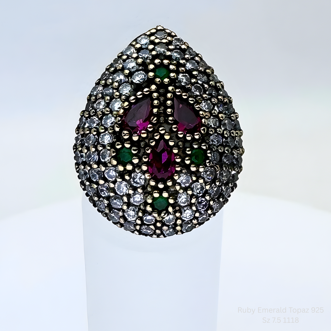 Handmade Ruby, Emerald & White Topaz Statement Ring in 925 Sterling Silver