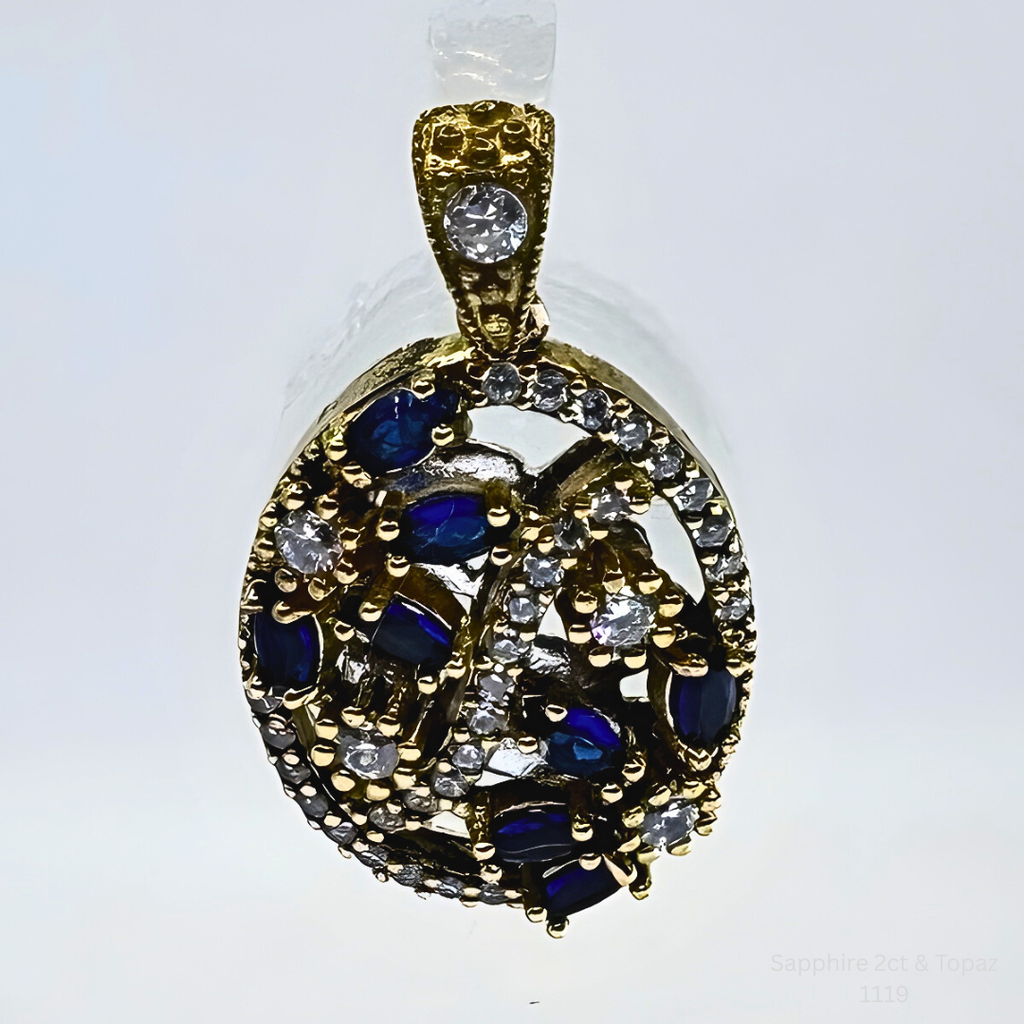 Natural Blue Sapphire & White Topaz Pendant in 925 Sterling Silver