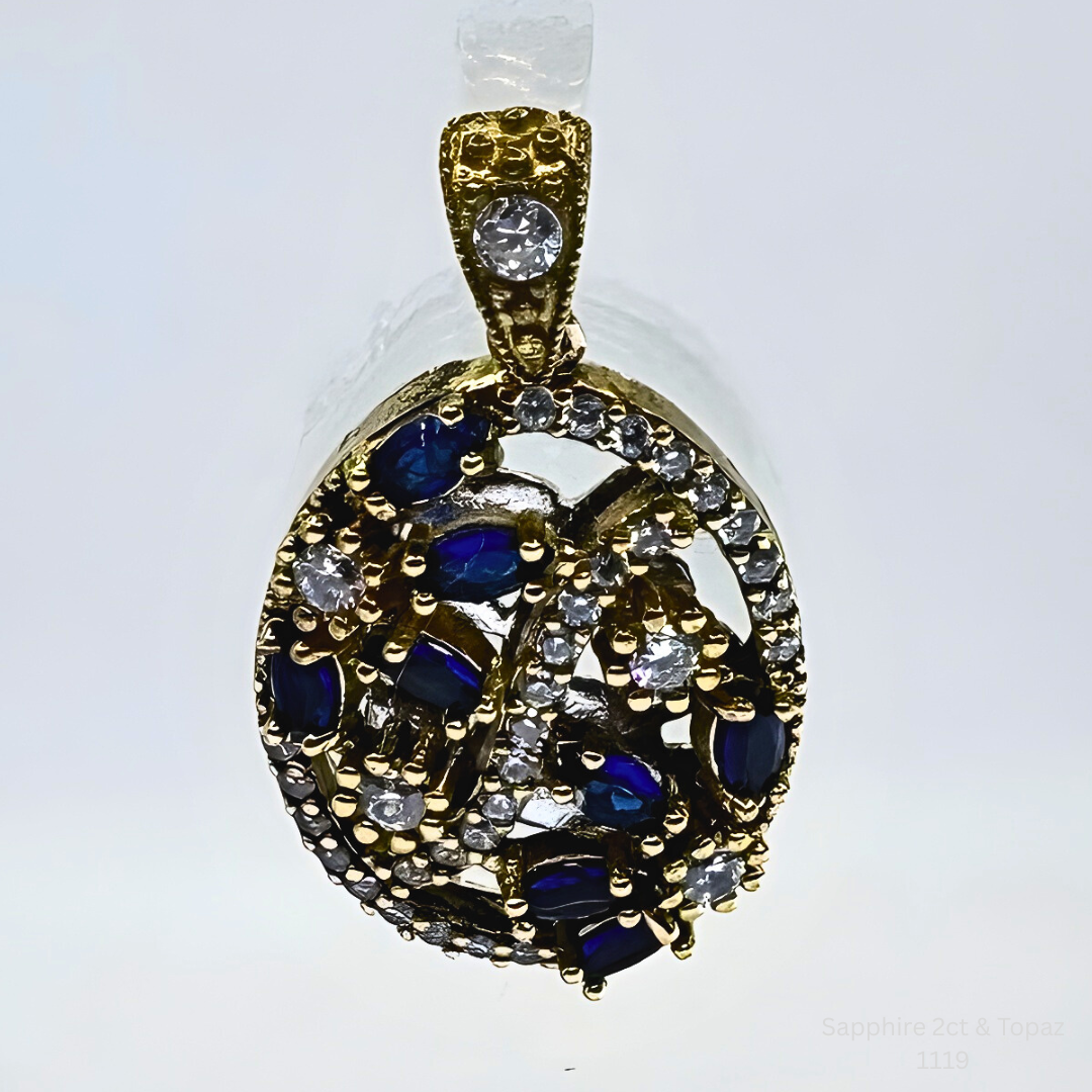 Natural Blue Sapphire & White Topaz Pendant in 925 Sterling Silver