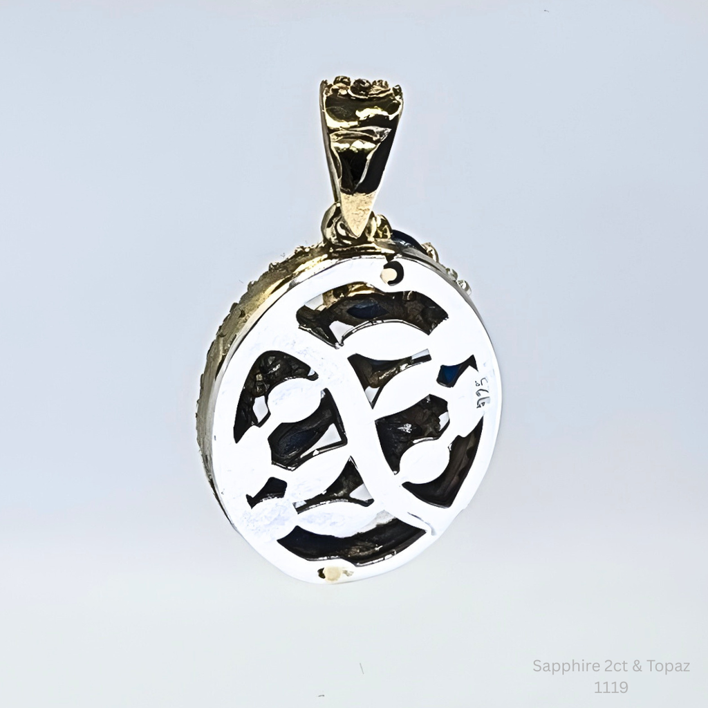 Natural Blue Sapphire & White Topaz Pendant in 925 Sterling Silver