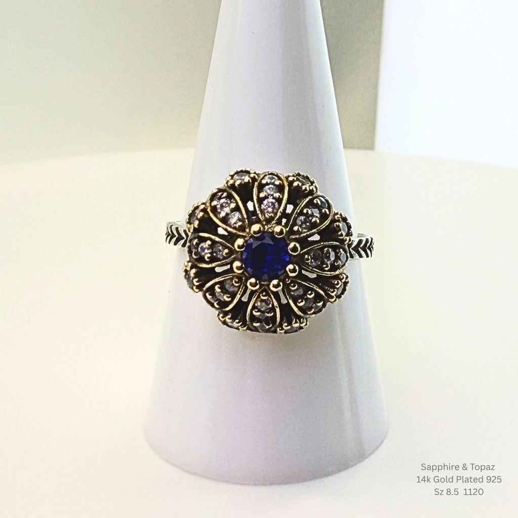 Natural Blue Sapphire & White Topaz Floral Halo Ring in 925 Sterling Silver