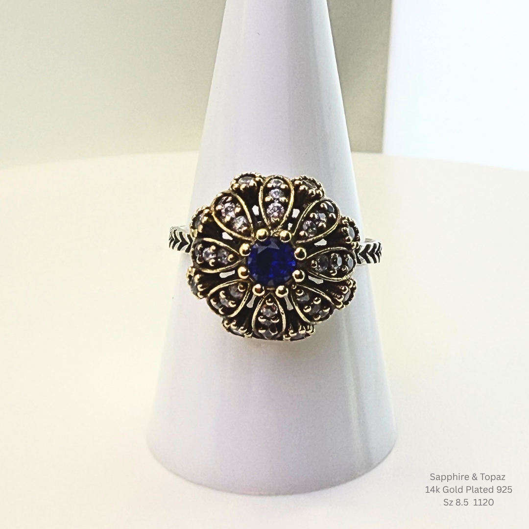 Natural Blue Sapphire & White Topaz Floral Halo Ring in 925 Sterling Silver