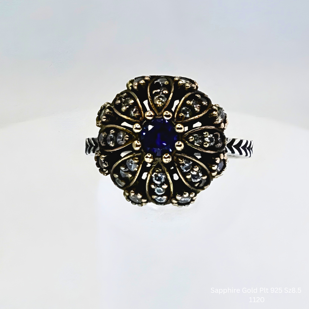 Natural Blue Sapphire & White Topaz Floral Halo Ring in 925 Sterling Silver
