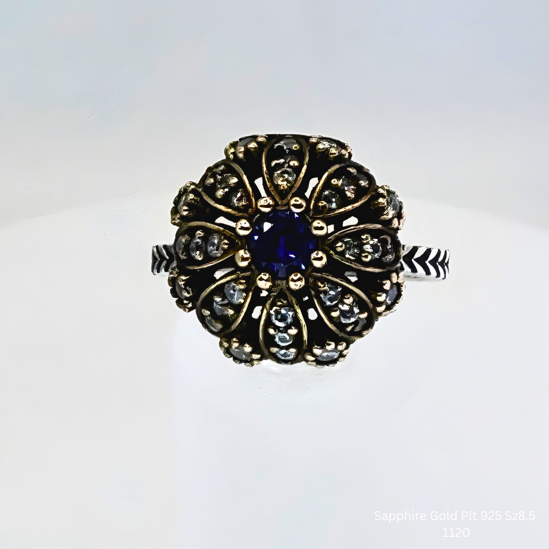 Natural Blue Sapphire & White Topaz Floral Halo Ring in 925 Sterling Silver