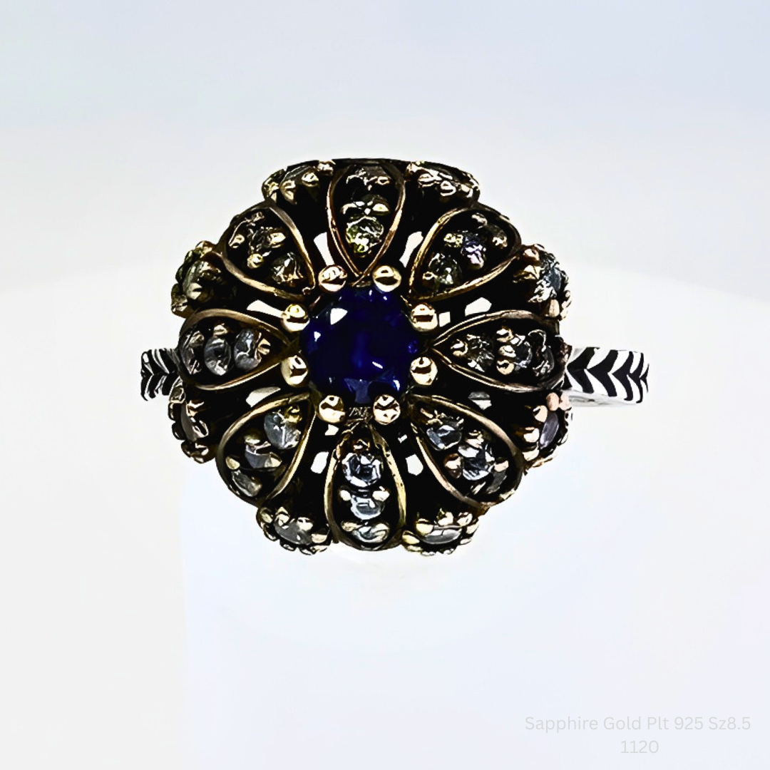 Natural Blue Sapphire & White Topaz Floral Halo Ring in 925 Sterling Silver