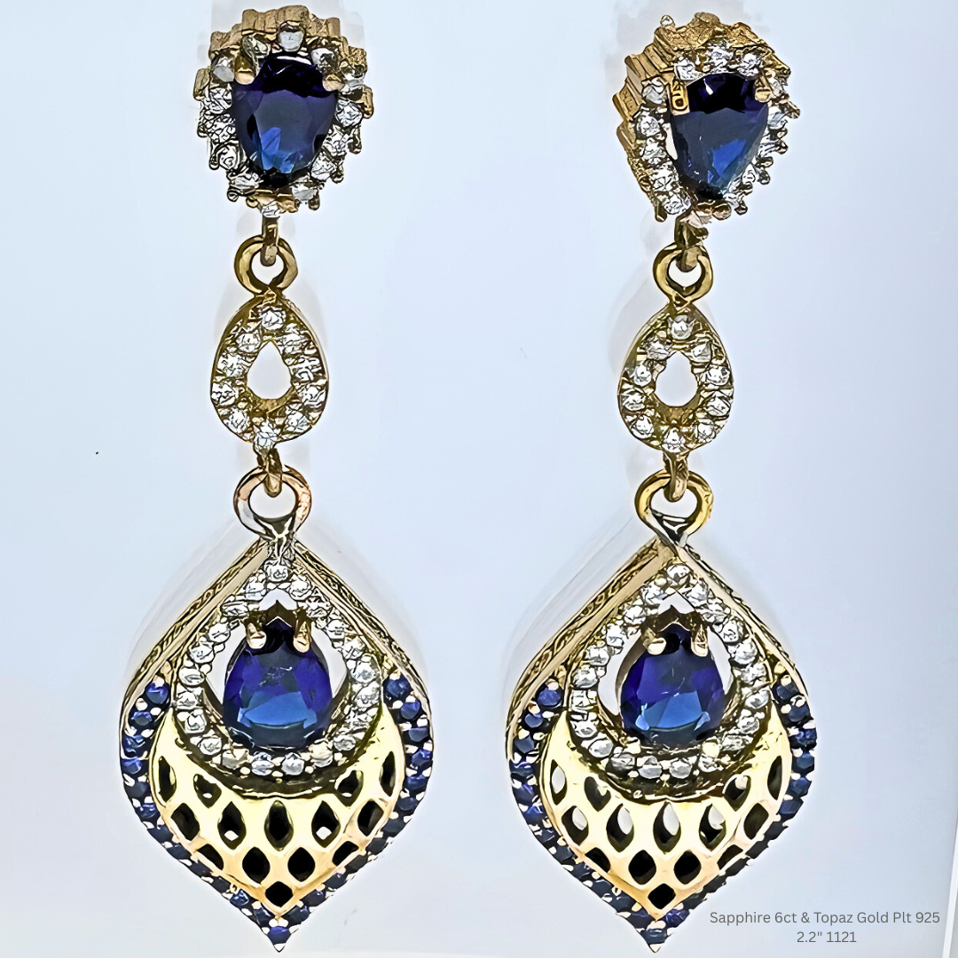 Natural Blue Sapphire & White Topaz Halo Ring in 925 Sterling Silver