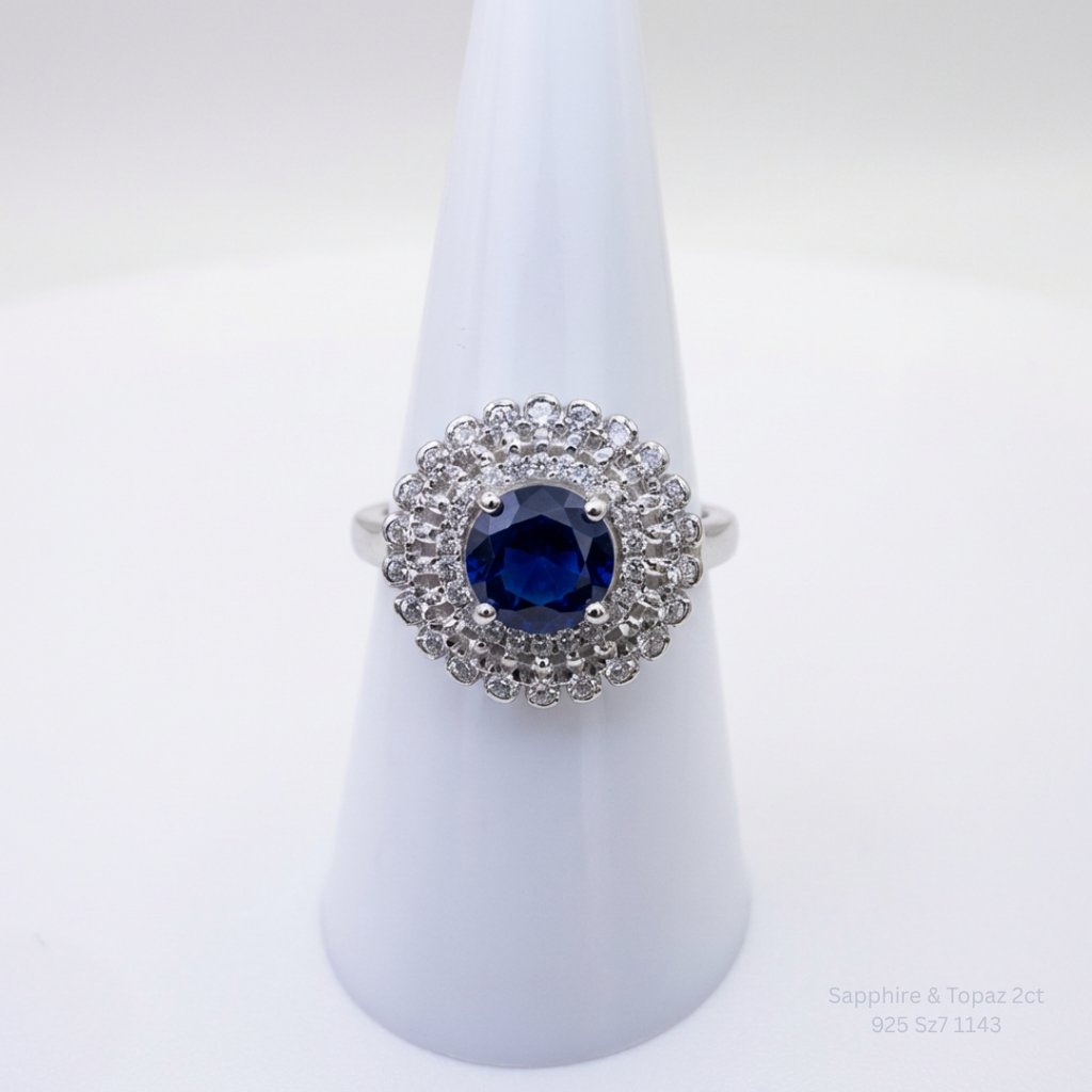 Natural Blue Sapphire & White Topaz Halo Ring in 925 Sterling Silver