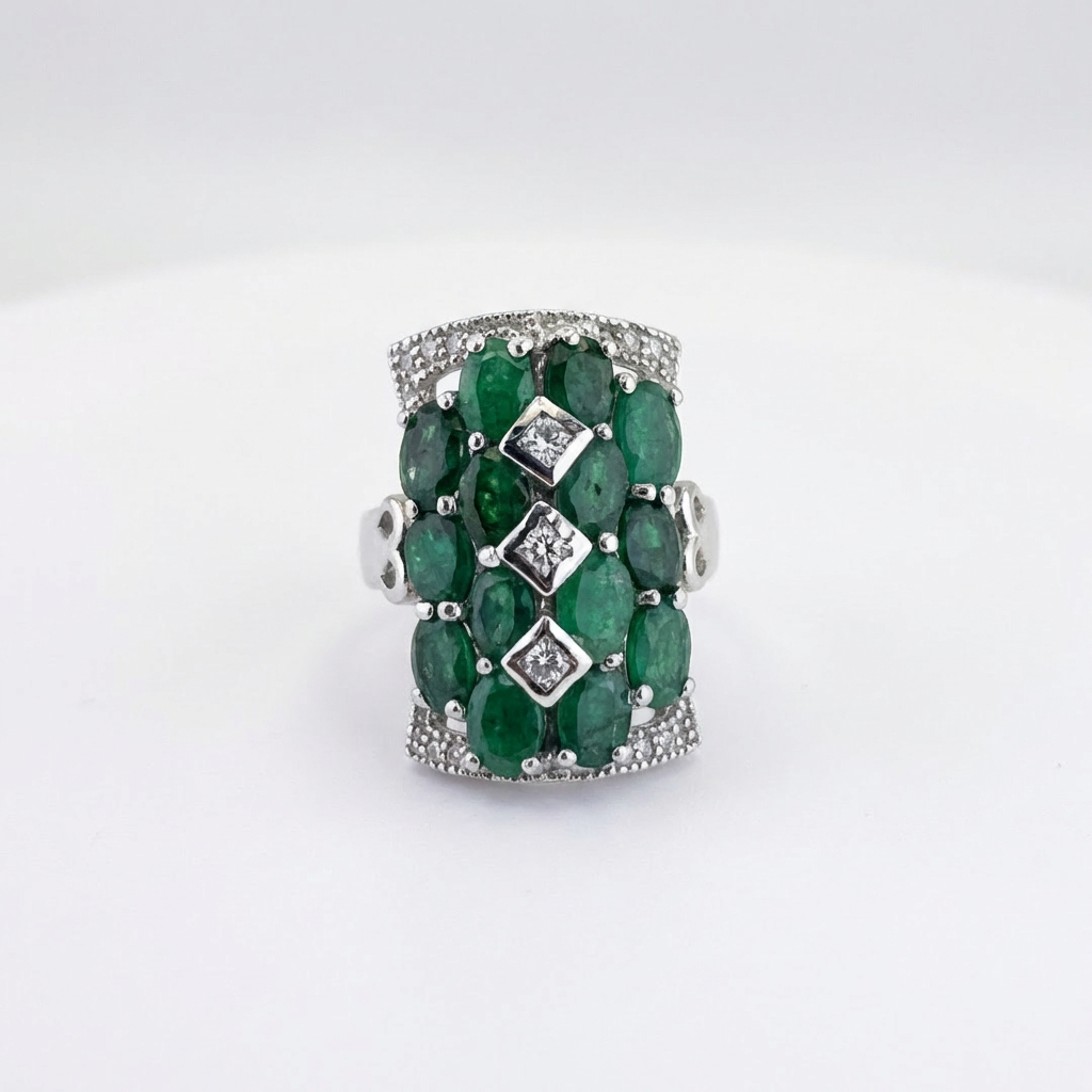 Handmade Emerald Statement Ring 925 Sterling Silver 14K White Gold Plated