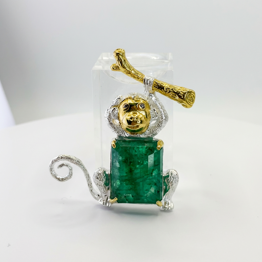 Handmade Emerald Monkey Brooch