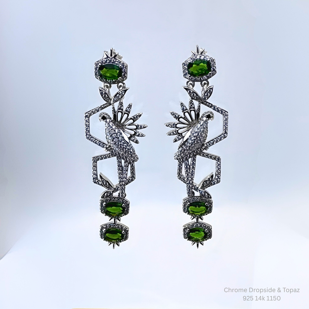 Natural Chrome Diopside Bird Dangle Earrings 925 Sterling Silver 14K Gold Plated