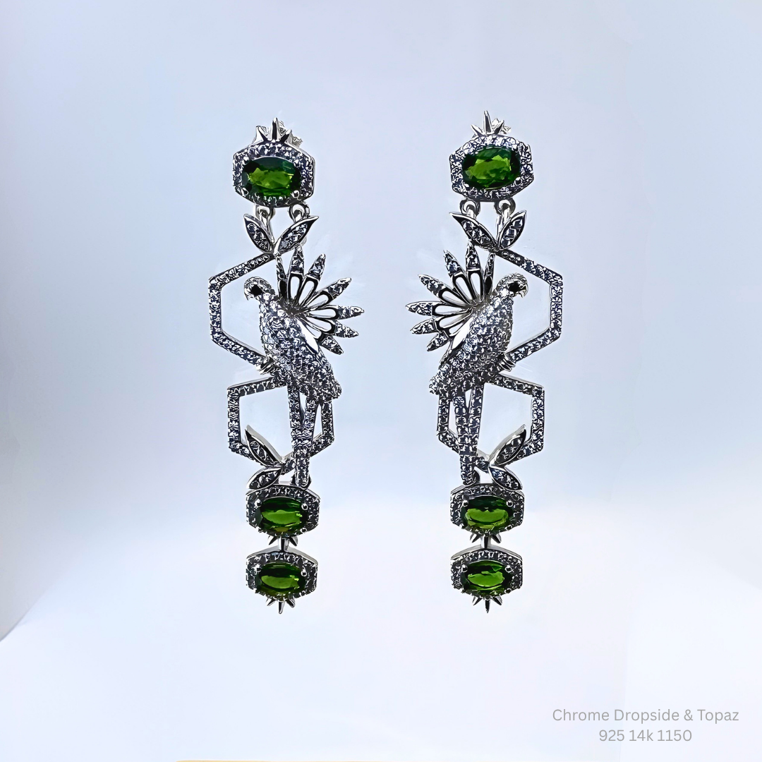 Natural Chrome Diopside Bird Dangle Earrings 925 Sterling Silver 14K Gold Plated