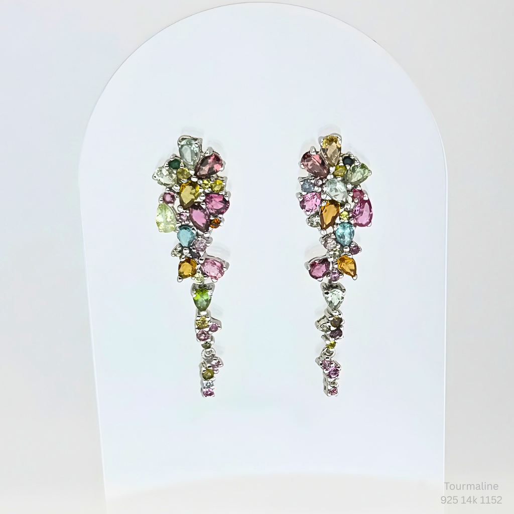 Multi Color Tourmaline Dangle Earrings 925 Silver White Gold Plated Drop