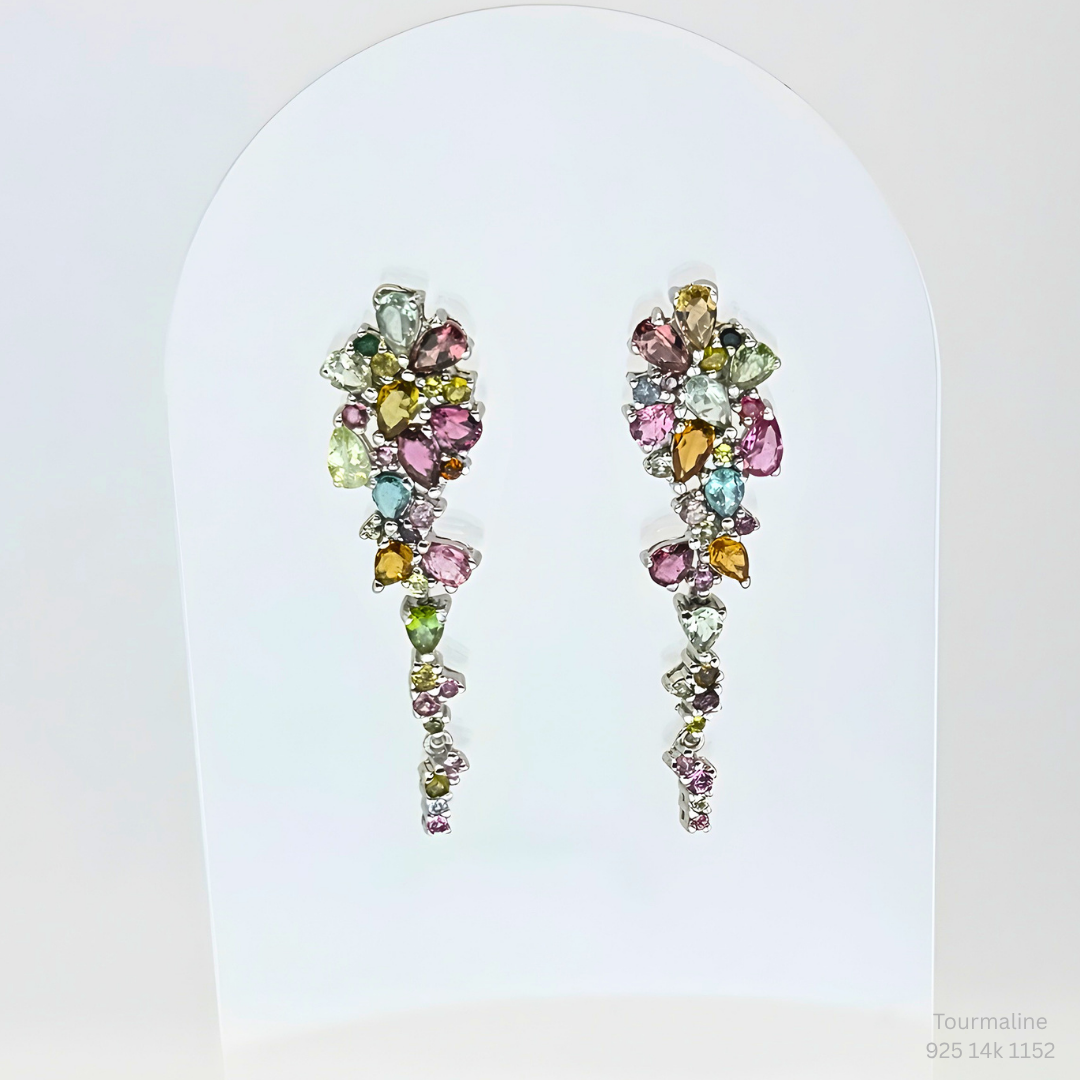 Multi Color Tourmaline Dangle Earrings 925 Silver White Gold Plated Drop