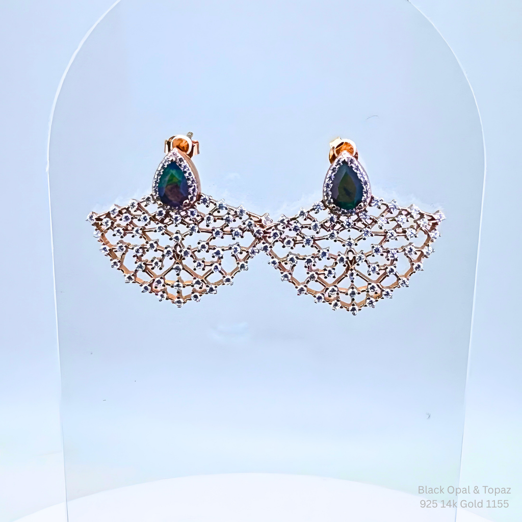 Natural Black Opal & White Topaz Dangle Earrings 925 Sterling Silver 14K Rose Gold Plated