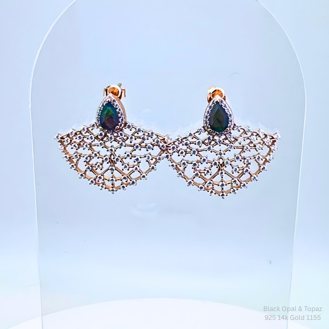 Natural Black Opal & White Topaz Dangle Earrings 925 Sterling Silver 14K Rose Gold Plated