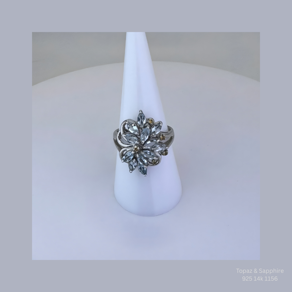 Natural Topaz & Sapphire Cluster Ring Sterling Silver with Gold Plating Size 8