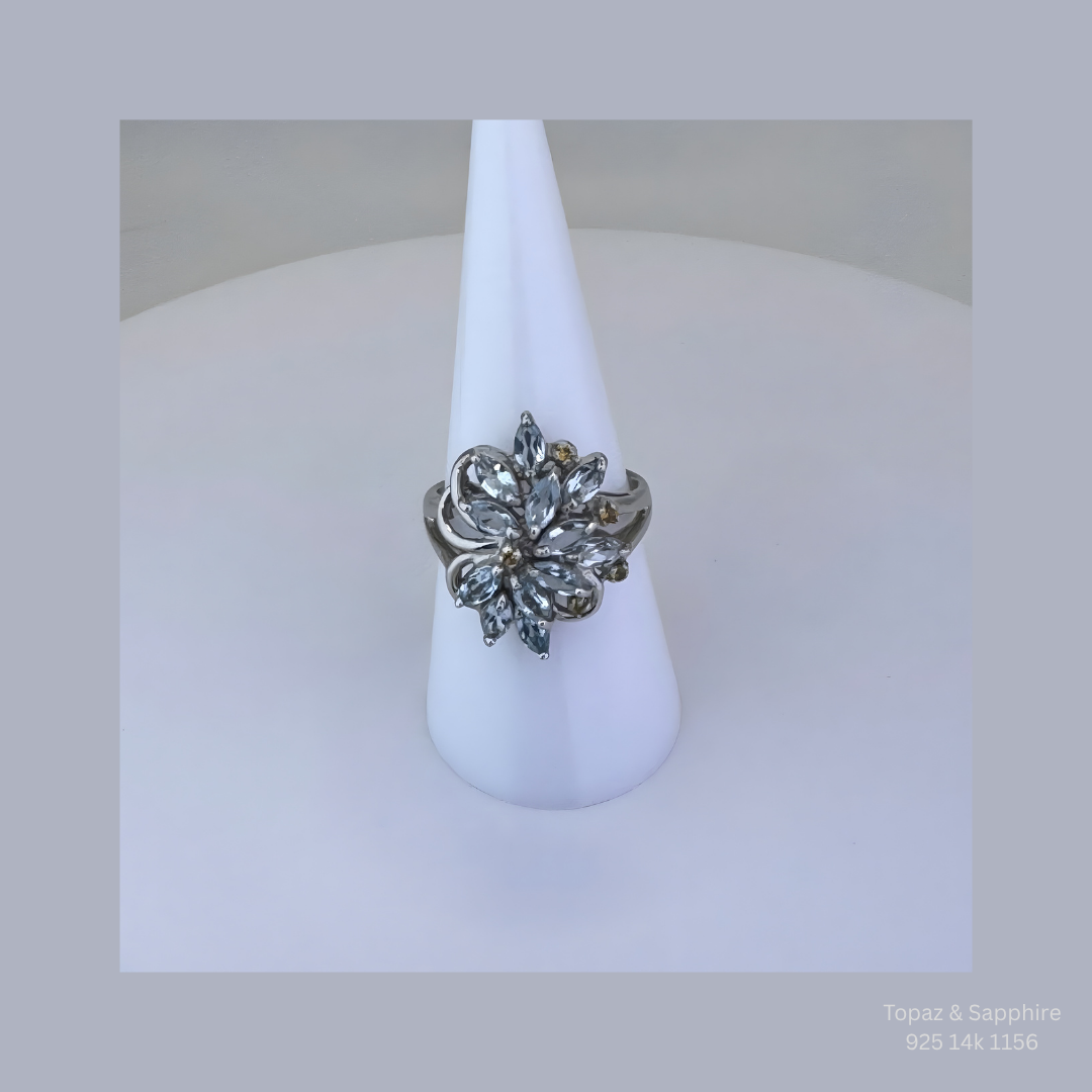 Natural Topaz & Sapphire Cluster Ring Sterling Silver with Gold Plating Size 8