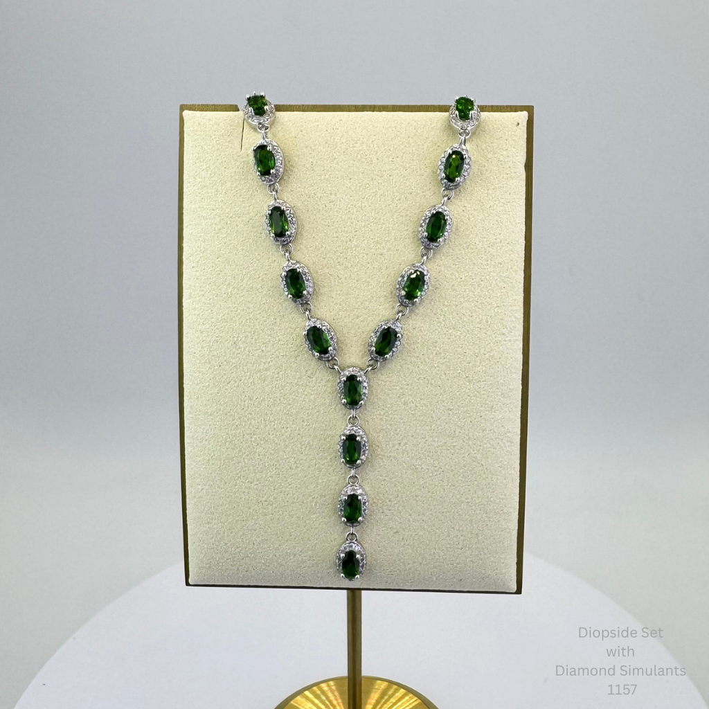 Natural Green Diopside Necklace Set Sterling Silver with 14K White Gold Plating