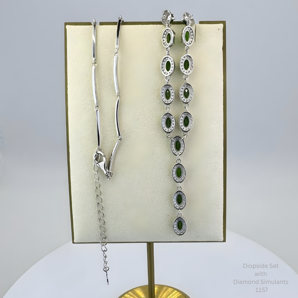 Natural Green Diopside Necklace Set Sterling Silver with 14K White Gold Plating