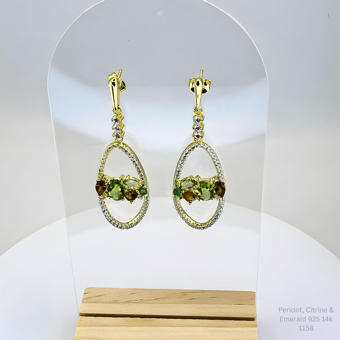 Natural Peridot, Citrine & Emerald Earrings Sterling Silver with 14K Gold Plating