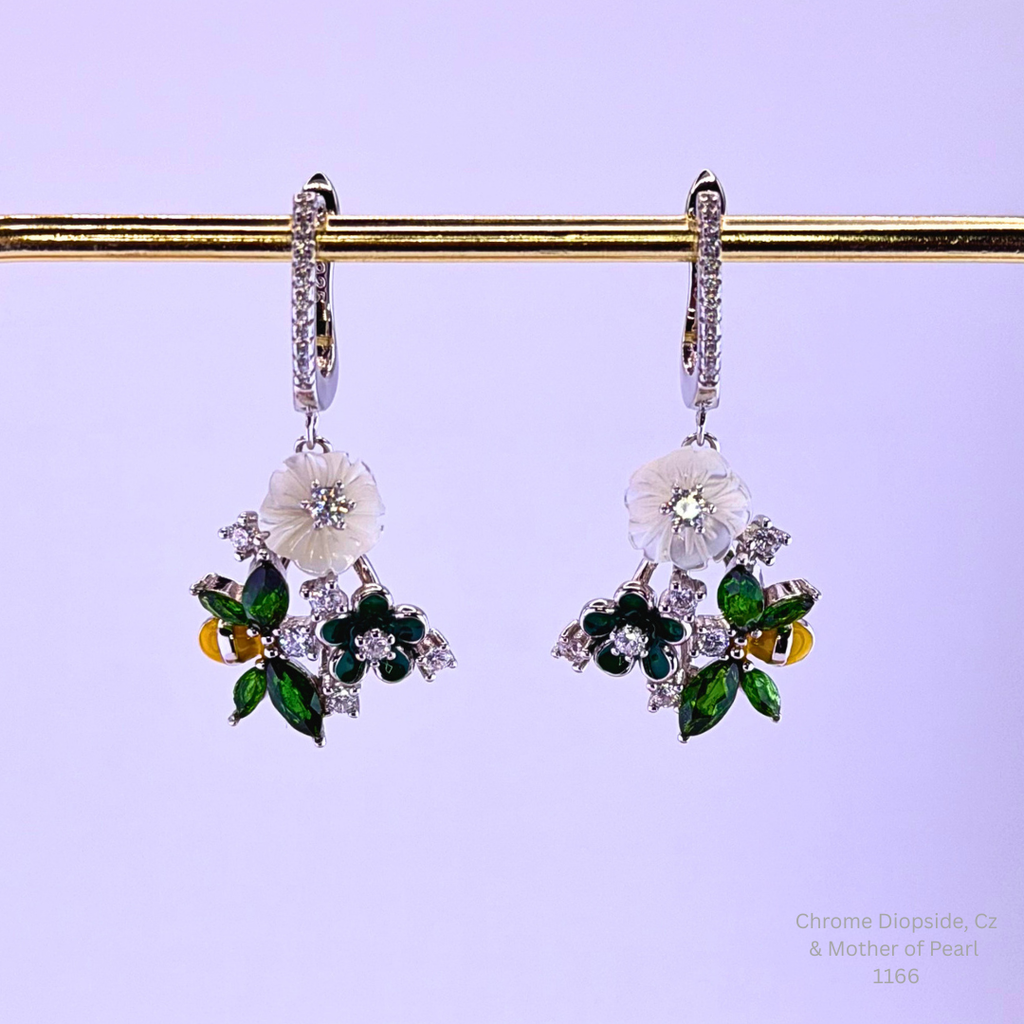 Natural Chrome Diopside Floral Earrings Sterling Silver with 14K White Gold Plating