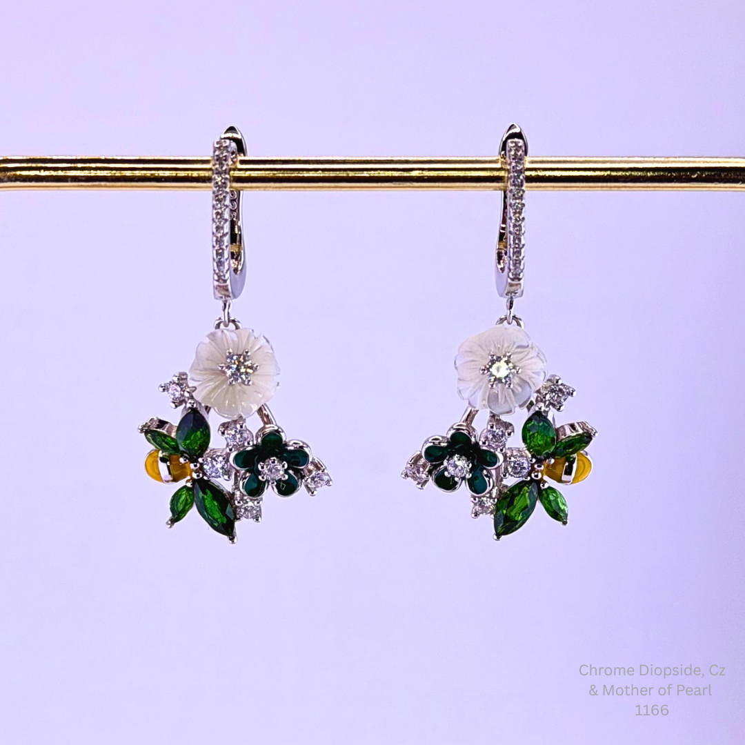 Natural Chrome Diopside Floral Earrings Sterling Silver with 14K White Gold Plating