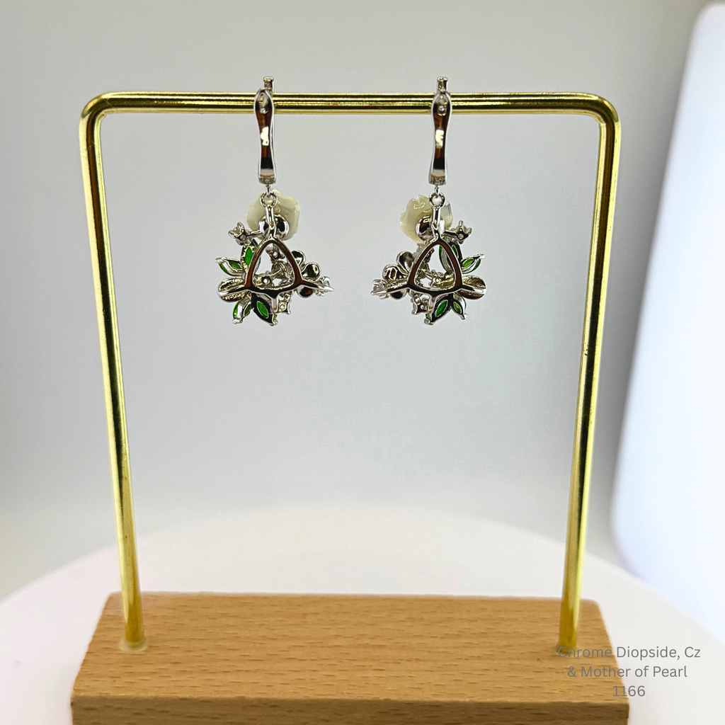 Natural Chrome Diopside Floral Earrings Sterling Silver with 14K White Gold Plating