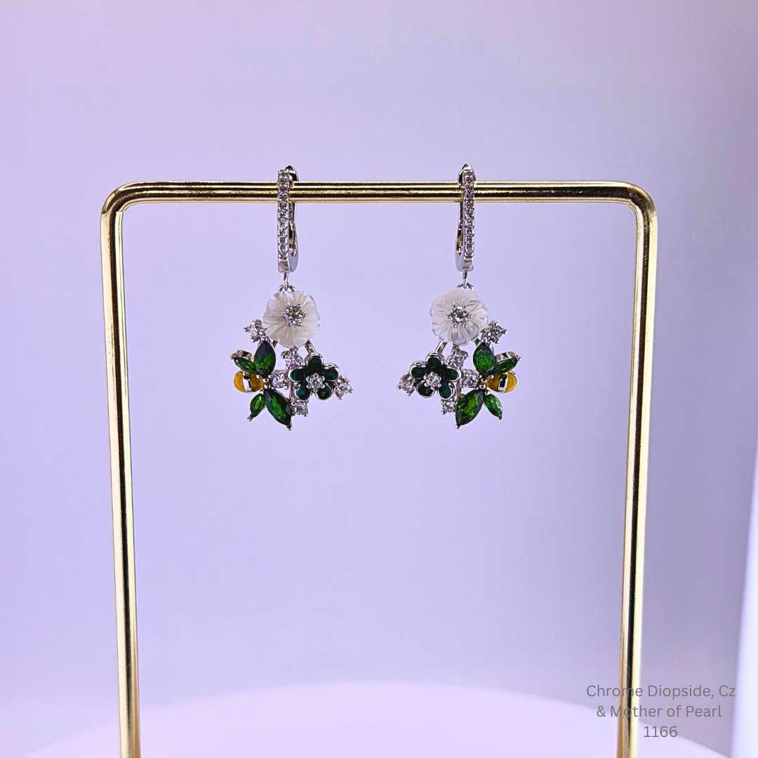 Natural Chrome Diopside Floral Earrings Sterling Silver with 14K White Gold Plating
