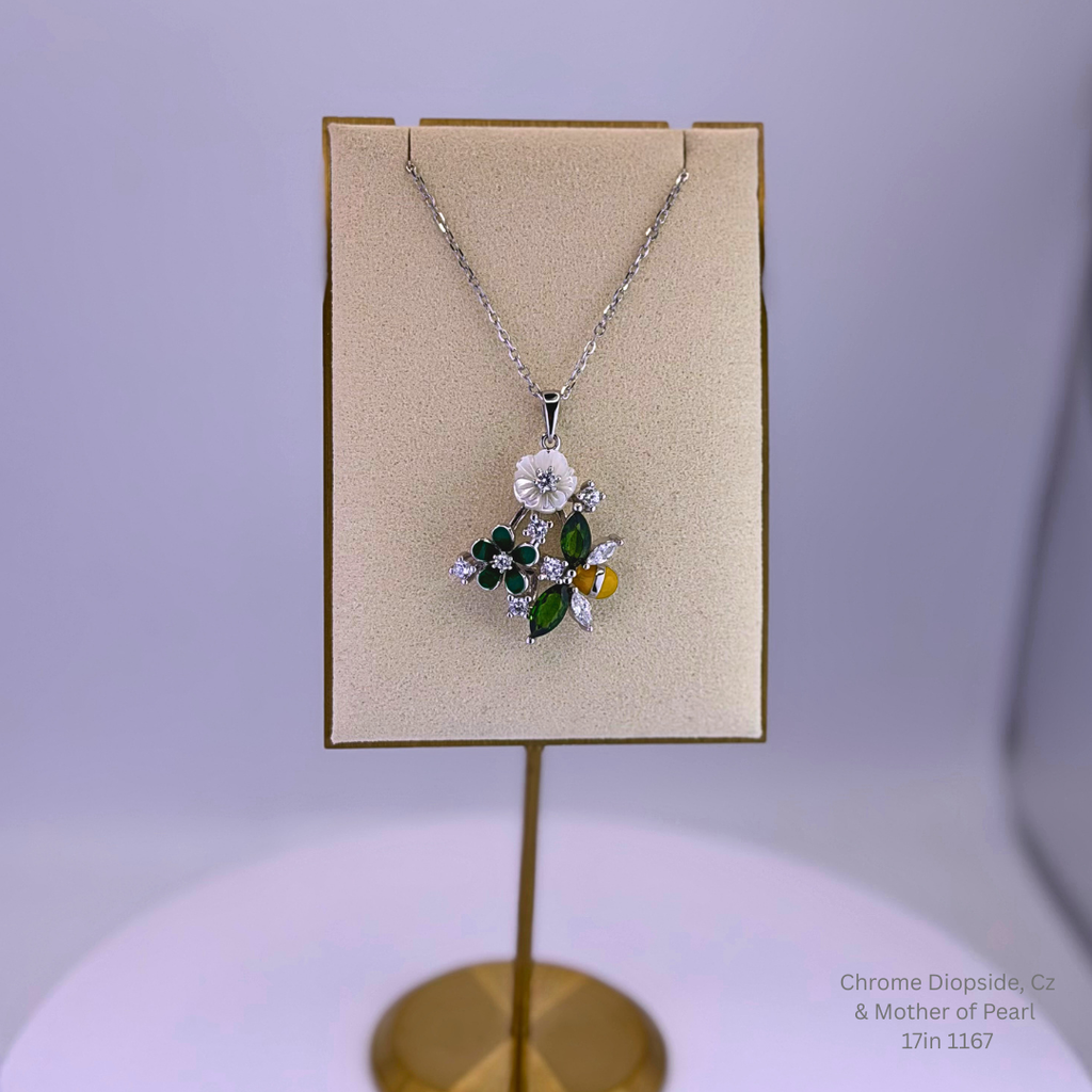 Natural Chrome Diopside Floral Necklace Sterling Silver with Gold Plating